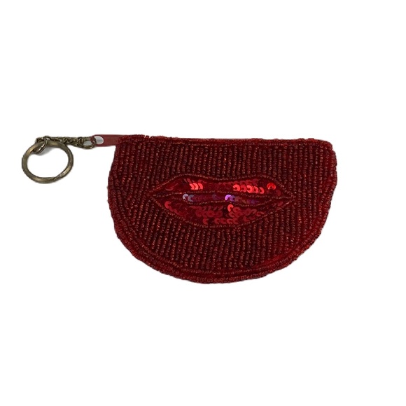 VTG Seed Bead & Sequin Deep Red Lips Coin Purse Key Ring - Picture 1 of 7